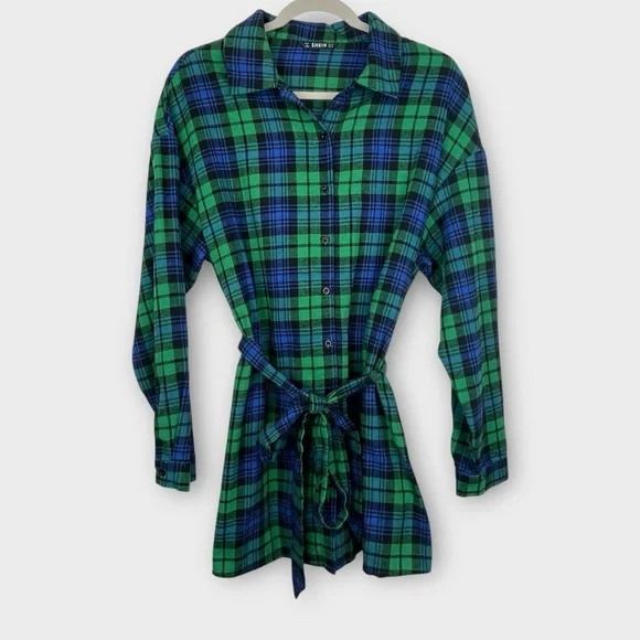 SHEIN Plaid Shirt Dress Women’s Medium Green Blue Button Down Belted Tunic - Picture 2 of 6